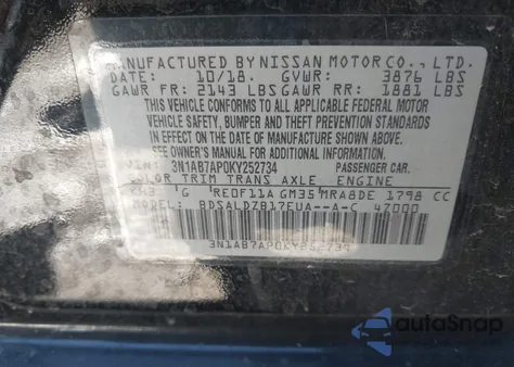 2019 Nissan Sentra Sv z USA, uszkodzony, nr VIN 3N1AB7AP0KY252734